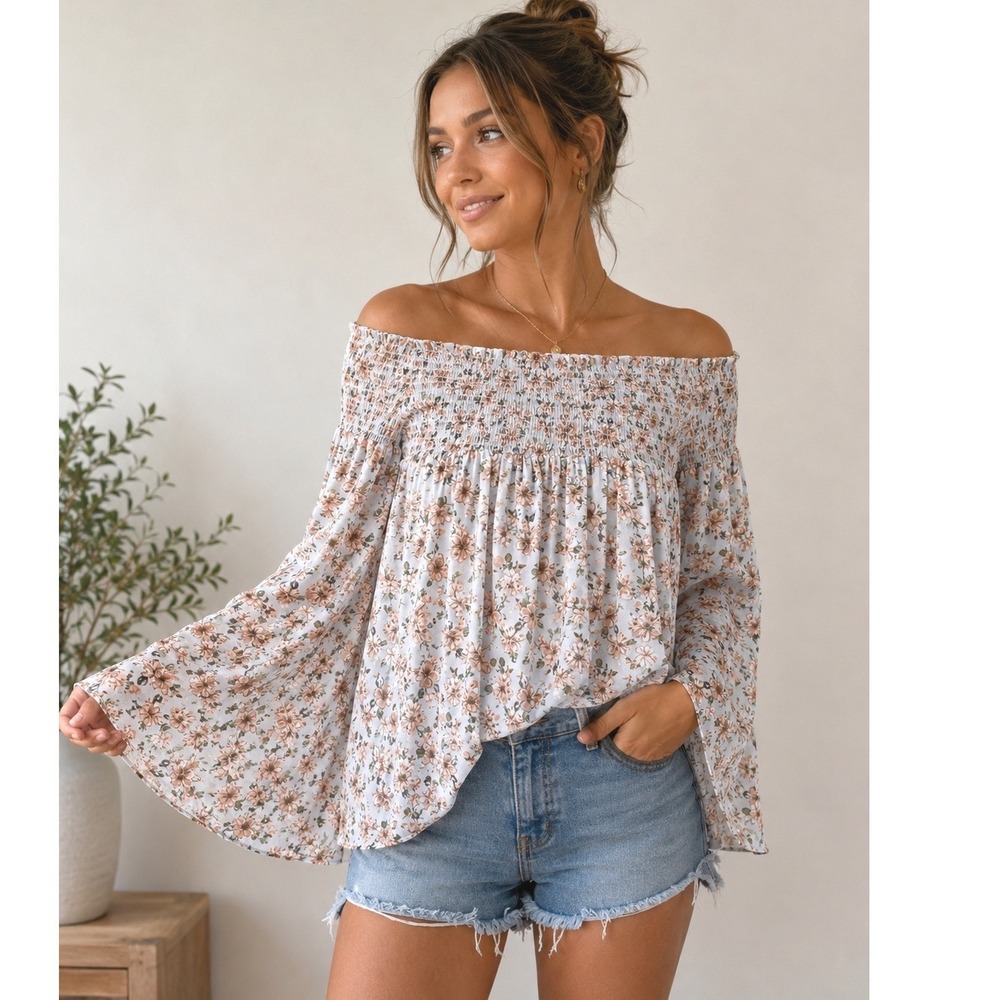 Peach Love Floral Off The Shoulder Blouse Smocked Bell Sleeve Medium Boho Top